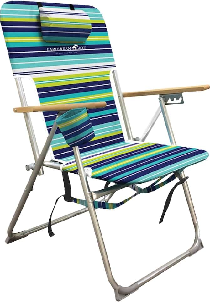 CARIBBEAN JOE Folding Beach Chair, 4 Position Portable Backpack Foldable Camping Chair with Headrest, Cup Holder, and Wooden Armrests