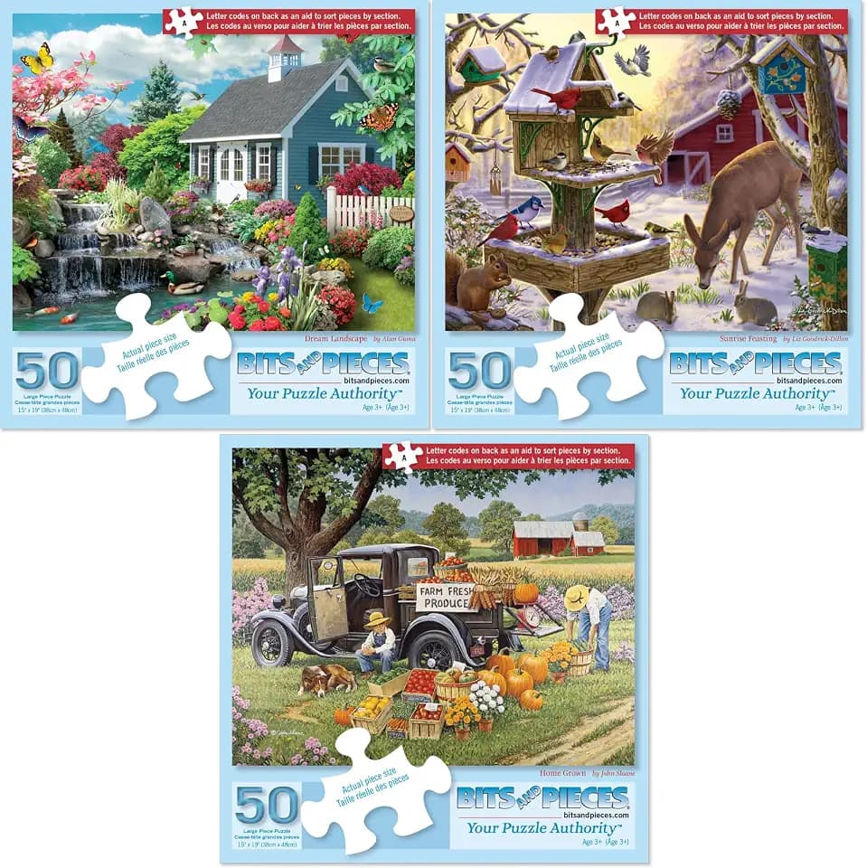 Bits and Pieces – Value Set of Three 50 Piece Jigsaw Puzzles for Adults – Dream Landscape, Home Grown, Sunrise Feasting Jigsaw Puzzles, Completed Puzzle Size: 15" x 19"