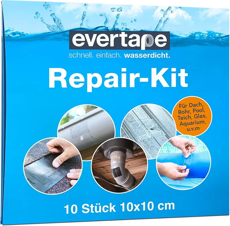 Evertape Repair Kit, Reparaturset, wasserdicht, Set zum Abdichten und Reparieren - auch auf nasser Fläche und unter Wasser verwendbar (10 x Tape 10 cm x 10 cm) transparent