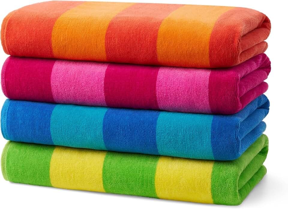 Kaufman - Soft Oversized Beach Towels in Bulk | 29" x 58" Velour Striped Towel | Absorbent, Quick-Drying | 100% Cotton Thick Towels (4 Pack)