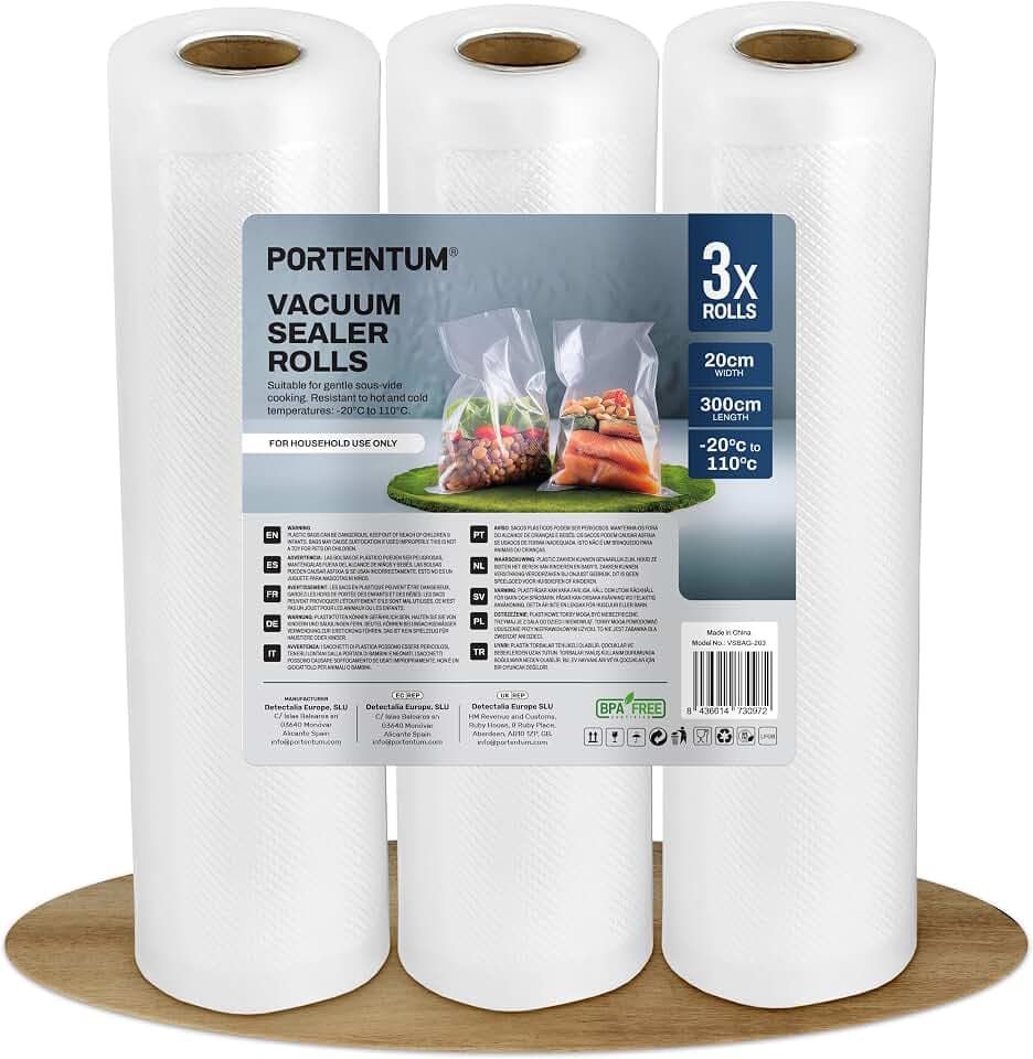 PORTENTUM Vakuumrollen 3 Rollen 28cm x 300cm (9m) Vakuumierfolie - Profi Vakuumbeutel für Vakuumierer & Lebensmittel Vakuumiergerät, Kochfest und Sous Vide Gefrierbeutel, LFGB