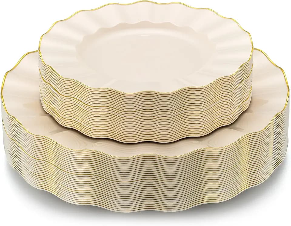 60Pcs Heavy Weight Ivory Plastic Plates with Gold Trim, Heavy Duty Wedding Plates, Elegant Disposable Plate Sets include 30 Dinner & 30 Dessert Plates for Party & Wedding(30 Guests)
