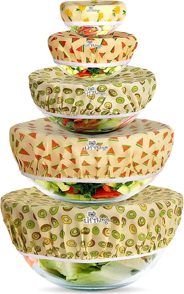 Beeswax Bowl Covers Set of 5 (XS–XL) – Reusable Elastic Food Covers for Bowls – Organic Cotton with Beeswax, Washable & Plastic-Free | Li’l Things- Fruity Fruit