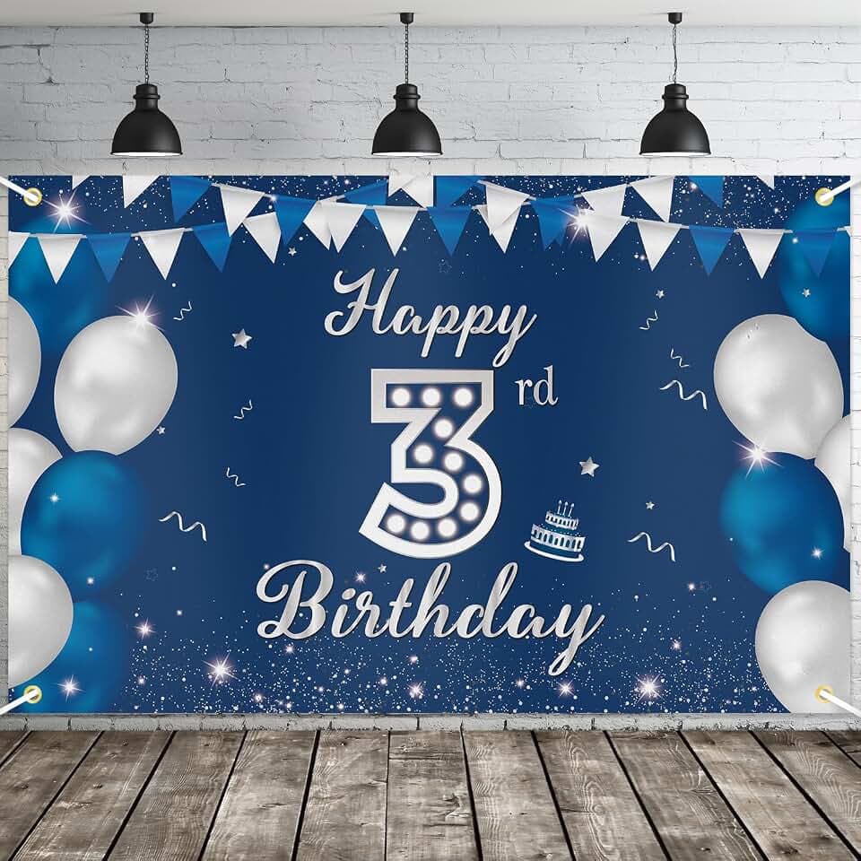 JOYKY Happy 3rd Birthday Banner, Blue Silver Happy 3rd Birthday Party Decorations for Boys, Three 3 Year Old Supplies Backdrop Décor, 5.9 X 3.8 Fts