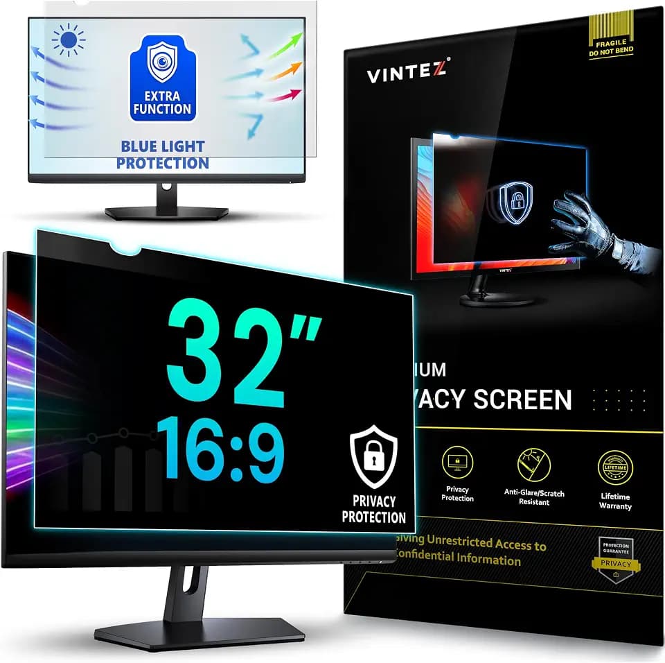 VINTEZ 32 Inch 16:9 Privacy Screen for Computer Monitor and Laptop - Anti Glare Protector Film Blue Light Filter Eye Protection - Computer Screen Privacy Shield, [1 Pack]