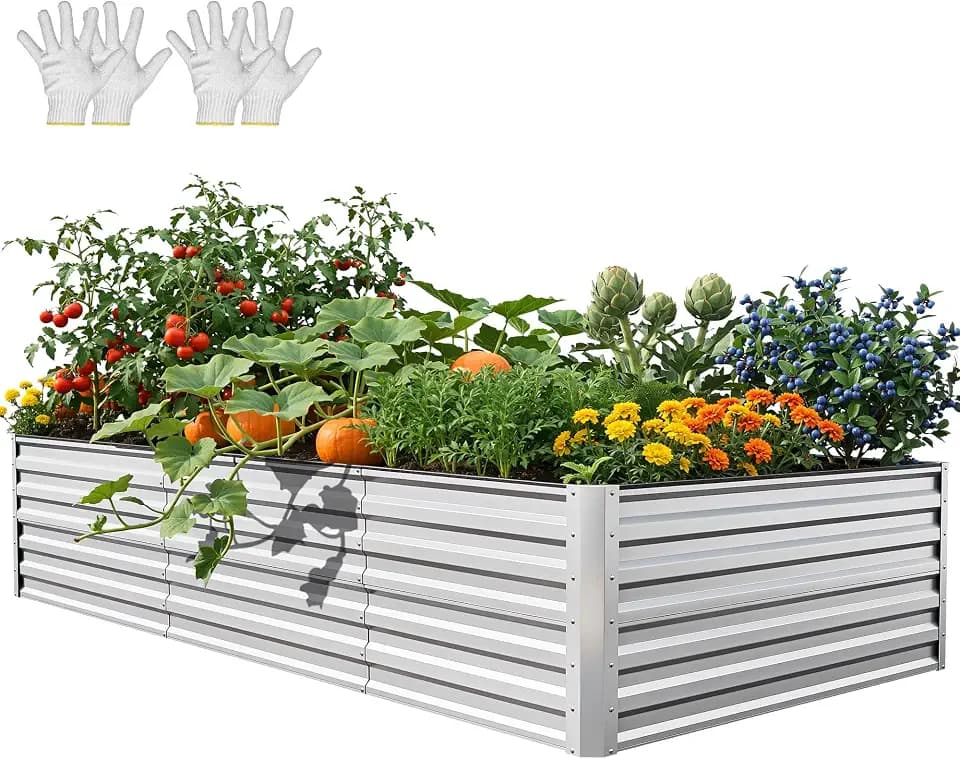 YITAHOME 8x4x2ft Large Raised Garden Bed Kit, Galvanized Metal Planter Box with Gloves, Ground Nails, Support Rod & Safety Rubber, Outdoor Above Ground Planters for Plants Vegetables Flowers, Black