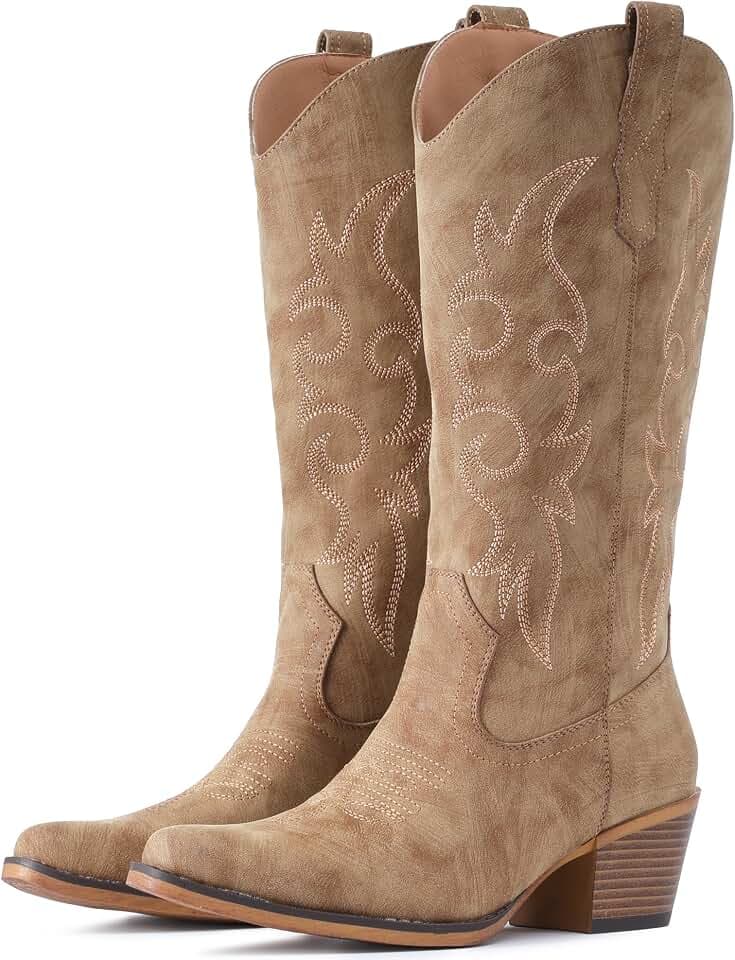 IUV Cowboystiefel für Damen, Western-Cowgirl-Stiefel, wadenhoch, mit klobigem Absatz, spitzer Zehenbereich, CAMEL, 41 EU