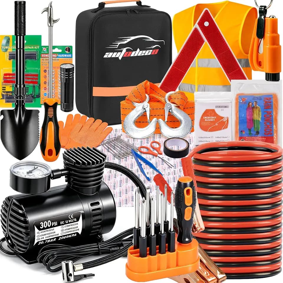 Car Emergency Roadside Assistance Kit with Jumper Cables Tire Inflator Automotive Kit for Car Vehicle（Orange）