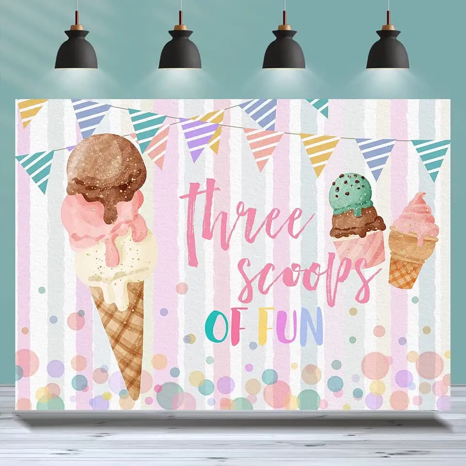 Ice Cream Birthday Backdrop Three Scoops of Fun Sweet Summer Photography Background 3rd Birthday Girls Birthday Party Banner Decorations Cake Table Banner Photo Booth Studio Props 7x5ft
