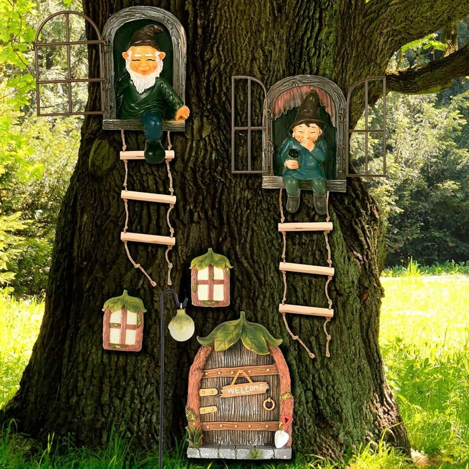 7 Pcs Fairy Garden Accessories Tree Hugger Gnome Statue Tree Faces