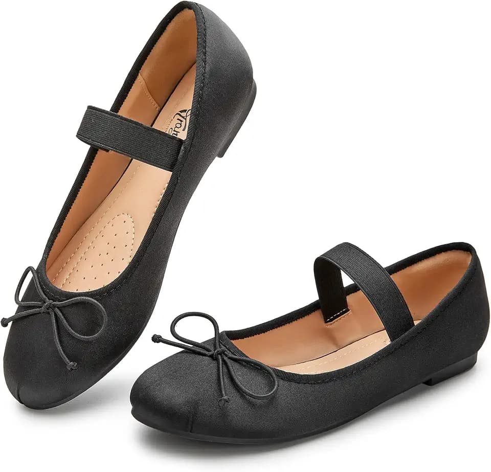 Trary Flats for Women Closed Round Toe Ballet Flats Mary Jane Shoes Women with Elastic Strap Cute Bowknot Comfortable Dress Shoes for All-Year Daily Work Casual Wear