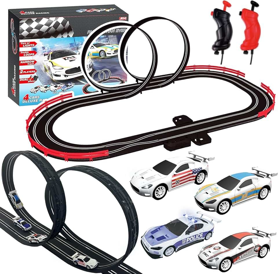 AGM MASTECH Slotcar-Rennbahn-Sets mit 4 exquisiten Slotcars, Batterie- oder Elektroautobahn, 2 Controllern, Rundenzähler, Geschenkspielzeug für Jungen und Mädchen im Alter von 4–8 8–12
