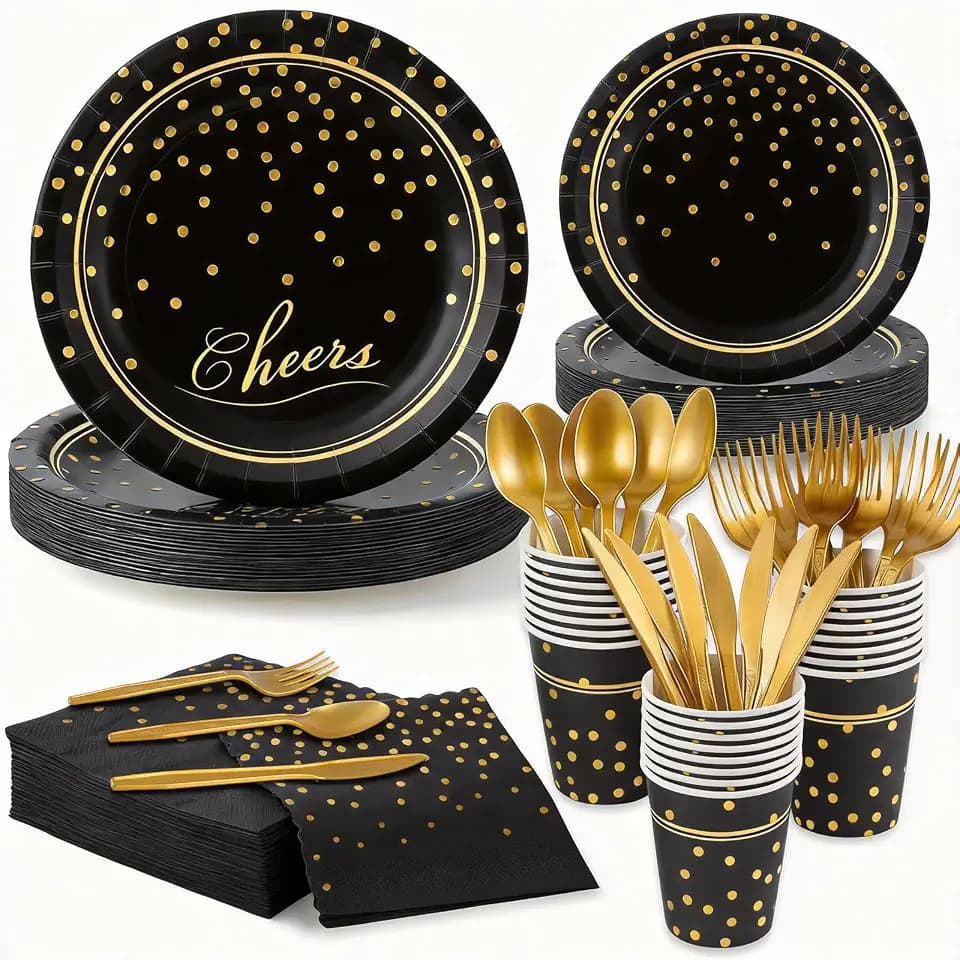 168Pcs Black and Gold Paper Plates and Napkins Party Supplies for 24 Guest
