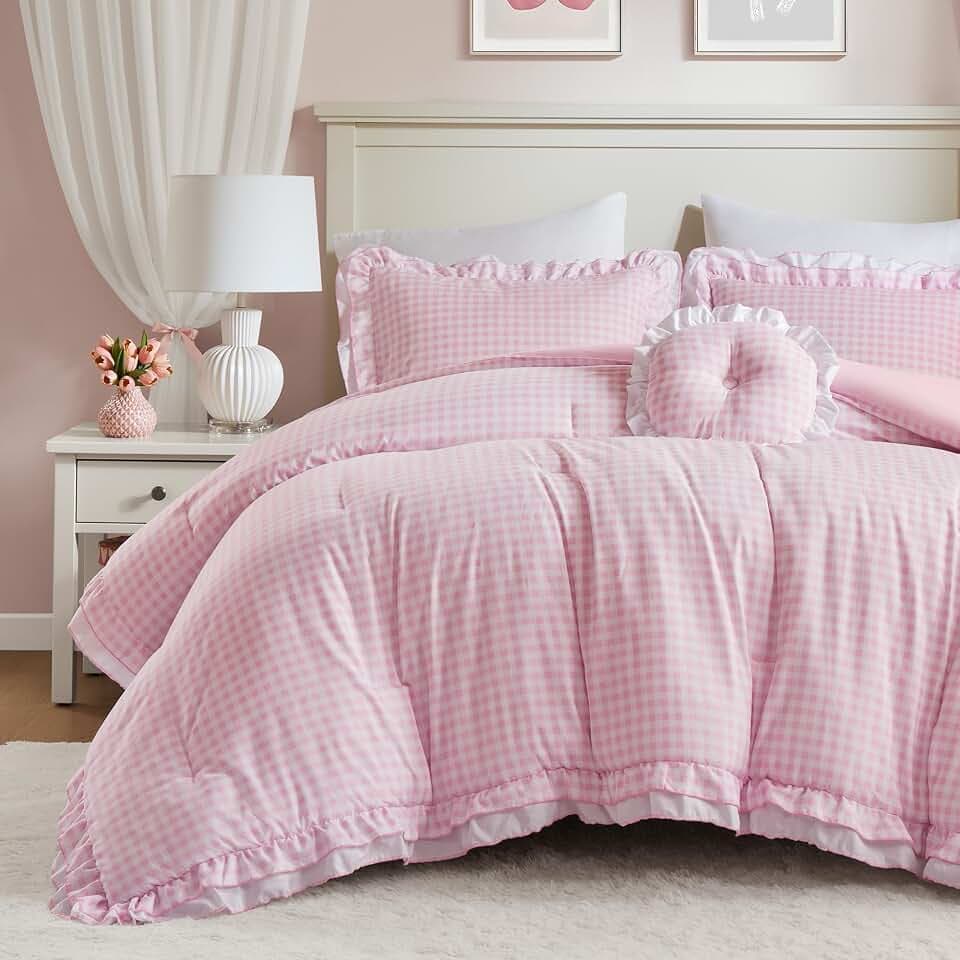 Intelligent Design Gingham Ruffled Vintage Pink Queen Comforter Set, 4pc