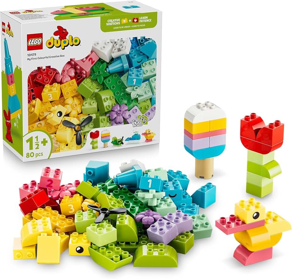 LEGO DUPLO Classic Bunte Kreativbox - Lernspielzeug zur Förderung der Feinmotorik für Kleinkinder - inkl. Zahlensteine, Tiere, Fahrzeuge & Spielessen - Geschenk für Jungen & Mädchen ab 1 Jahr - 10479