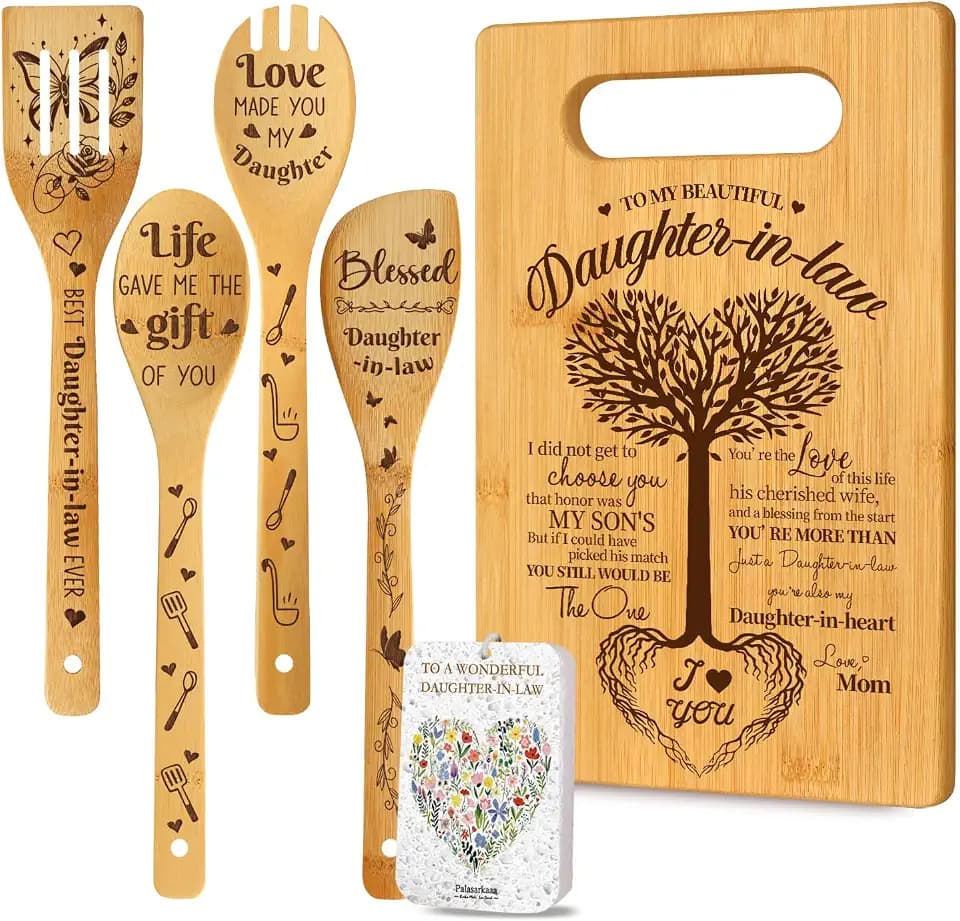 Gifts for Daughter in Law Kitchen Set of 6 for Women, Christmas Birthday Thankful Inspirational Gifts for Daughter in Law with cutting board & 4 Bamboo-Made Engraved Spoons