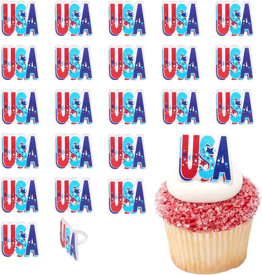 USA Cupcake Rings, 24 Red, White & Blue Cake Toppers For July 4th, Independence Day, Stars & Stripes, America - 24 Pack