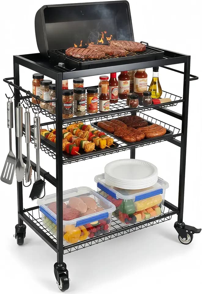 HOSY 4-Tier Rolling Grill Cart with Handle, Heavy-Duty Barbecue Workbench