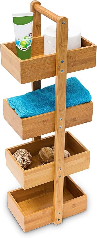 Relaxdays Bambus Badregal H x B x T: 75 x 25 x 18 cm Praktisches Badezimmerregal als Ablageständer mit 4 Körben als Bambus-Butler Korbregal aus natürlichem Holz für Badezimmer und Feuchträume, natur