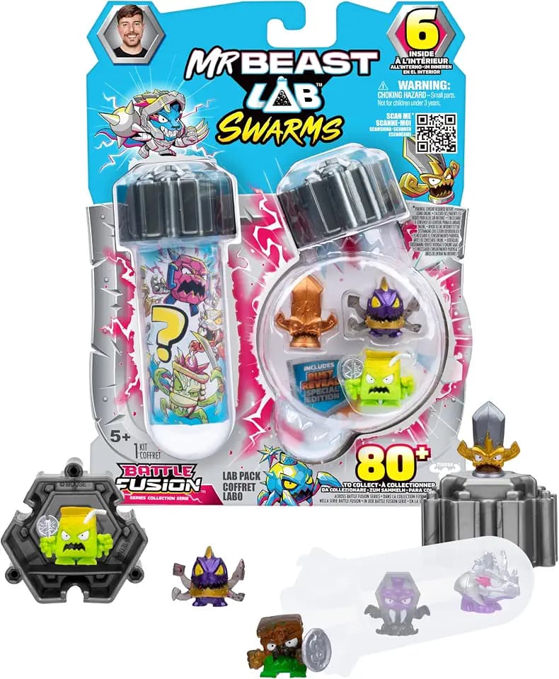 MrBeast Lab Swarms Battle Fusion Series, Collect 80+ Unique 1" (2.5 cm) Swarms, Lab Pack Includes 6 Micro Beasts, 6 Collectible Stickers & 1 Stackable Fusion Caps to Build Out Your Own MrBeast Lab