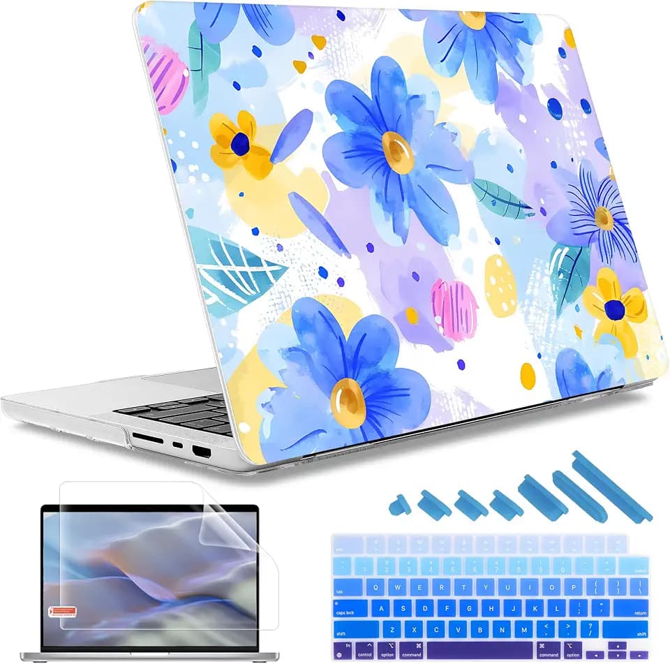 May Chen for MacBook Pro 16 inch Case M1 M2 M3 M4 M5 Pro/Max with Liquid Retina XDR, Release 2021-2025 2026 A3429 A3428, Anti-Drop Plastic Hard Shell with Keyboard Cover, Blue Floral