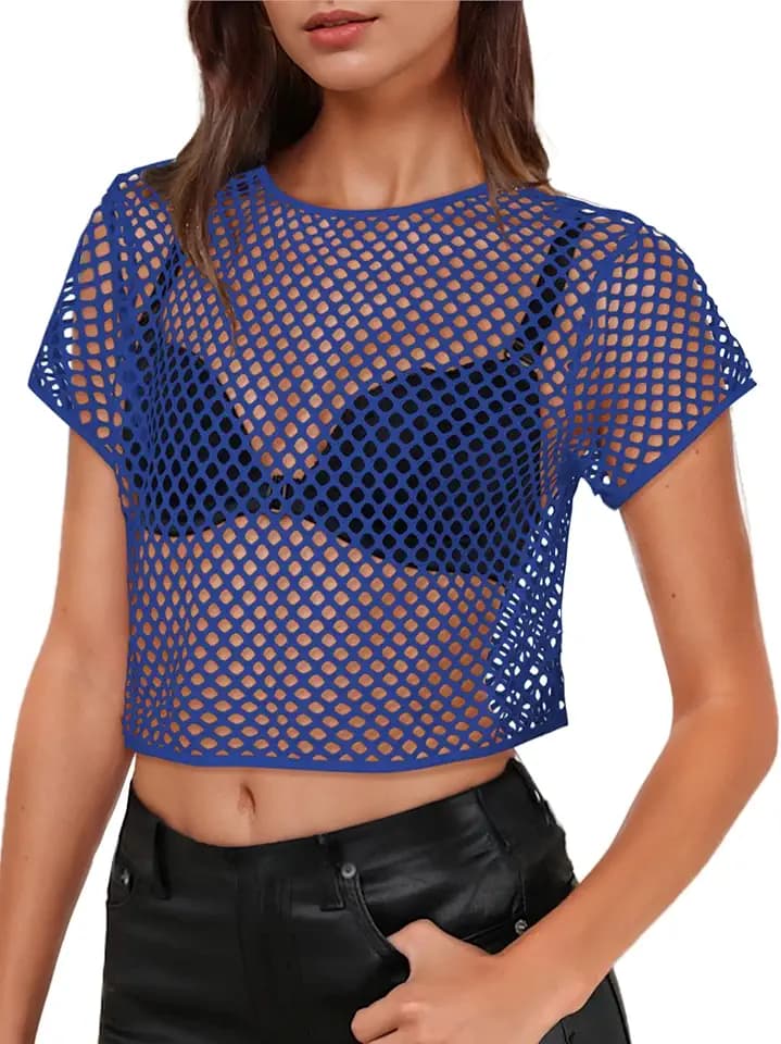 Womens Sheer Mesh Top Fishnet T Shirts Short Sleeve See Through Crop Tops