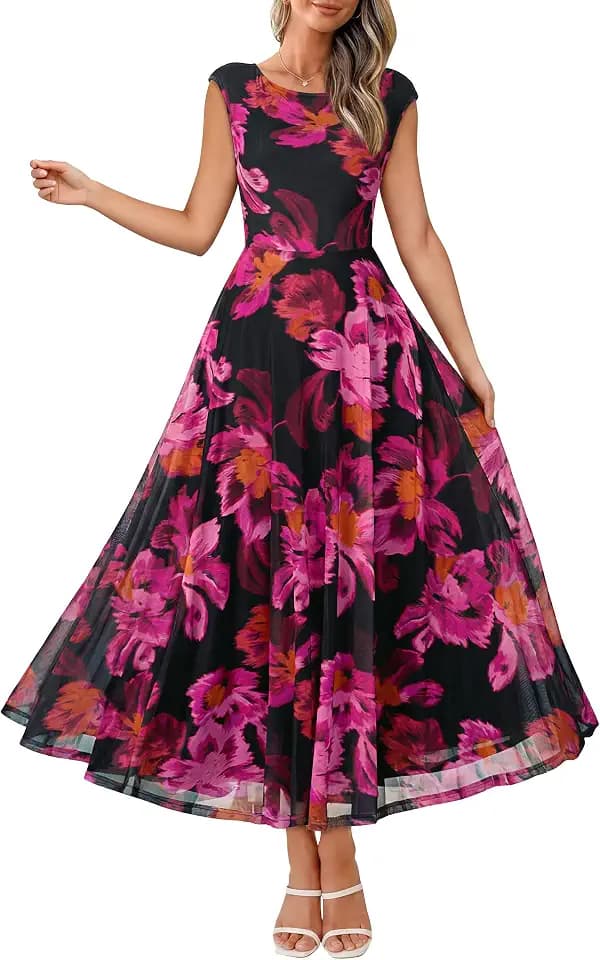 Simplee Womens Floral Wedding Guest Dress Summer Mesh Cap Sleeve Crewneck Flowy Elegant Party Vacation Formal Maxi Dresses