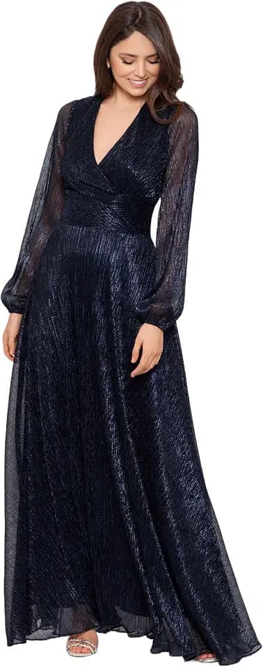 Betsy & Adam Women's Betsy & Adam Women's Long Sleeve V-Neck, Floor-Length, Metallic Knit Wrap Dress