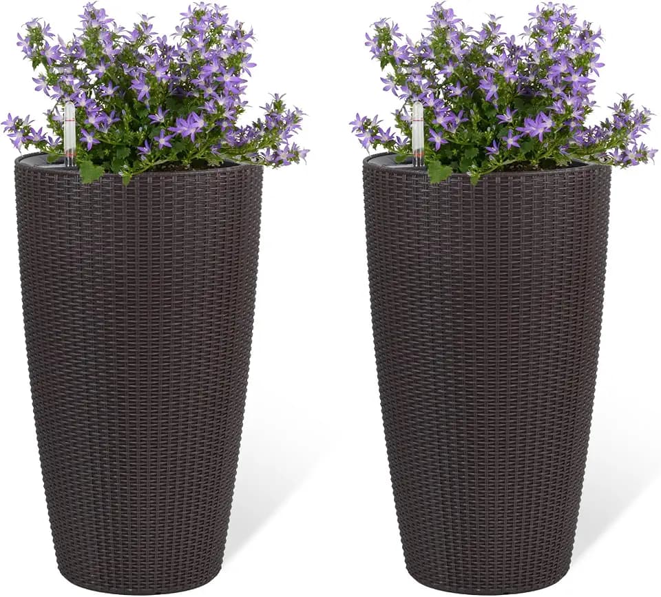 GDFStudio Set of 2 22" Tall Faux Rattan Planters, Large Planter Pots with Self Watering System, Inner Bucket and Water Level Monitor, Indoor Outdoor Use for Garden Patio Porch Backyard, Brown