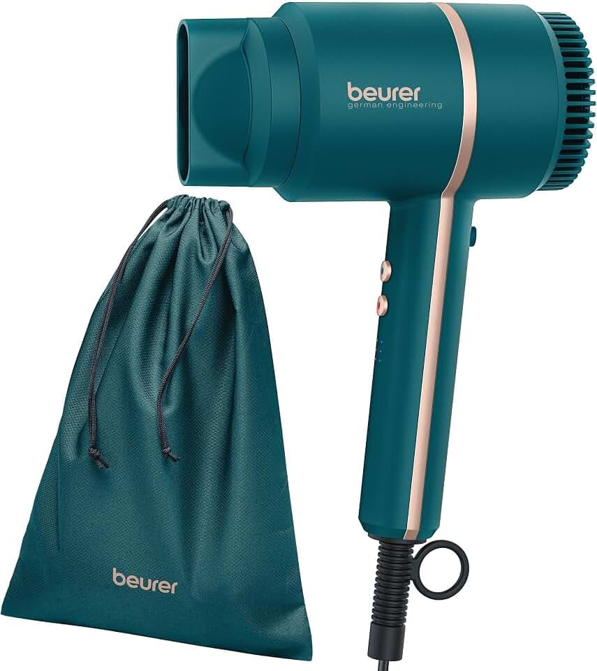 Beurer HC 35 Haartrockner, kompakter Föhn mit Ionenfunktion für glänzendes & geschmeidiges Haar, inkl. Stylingdüse, leistungsstarke 1600-2000 Watt, elegante LED-Anzeige, Aufbewahrungstasche, ocean