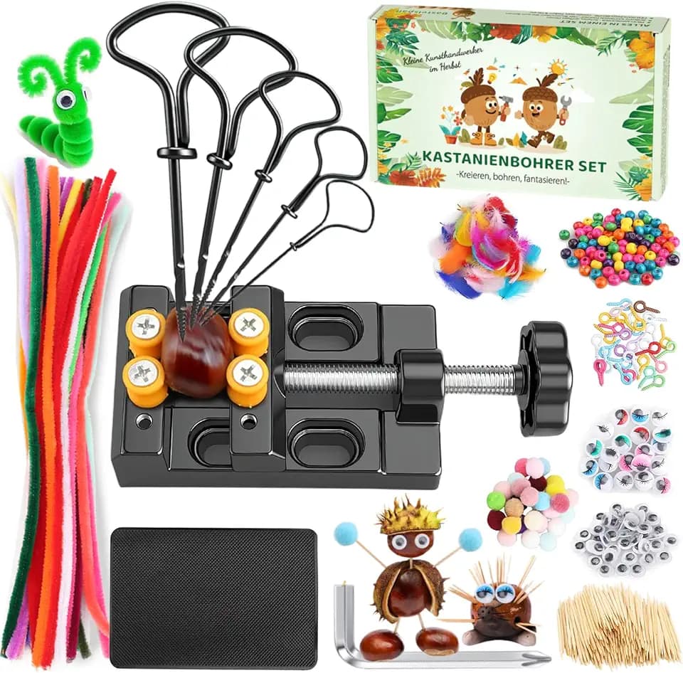 TUT Kastanienbohrer Kinder Set mit Kastanienhalter, Kastanien Bastelset Kastanienbohrer Set, Herbst Handbohrer Kastanienbohrer Kastanienmännchen DIY Set mit 1.5-5mm Bohrer Kastanien und Bastelzubehör