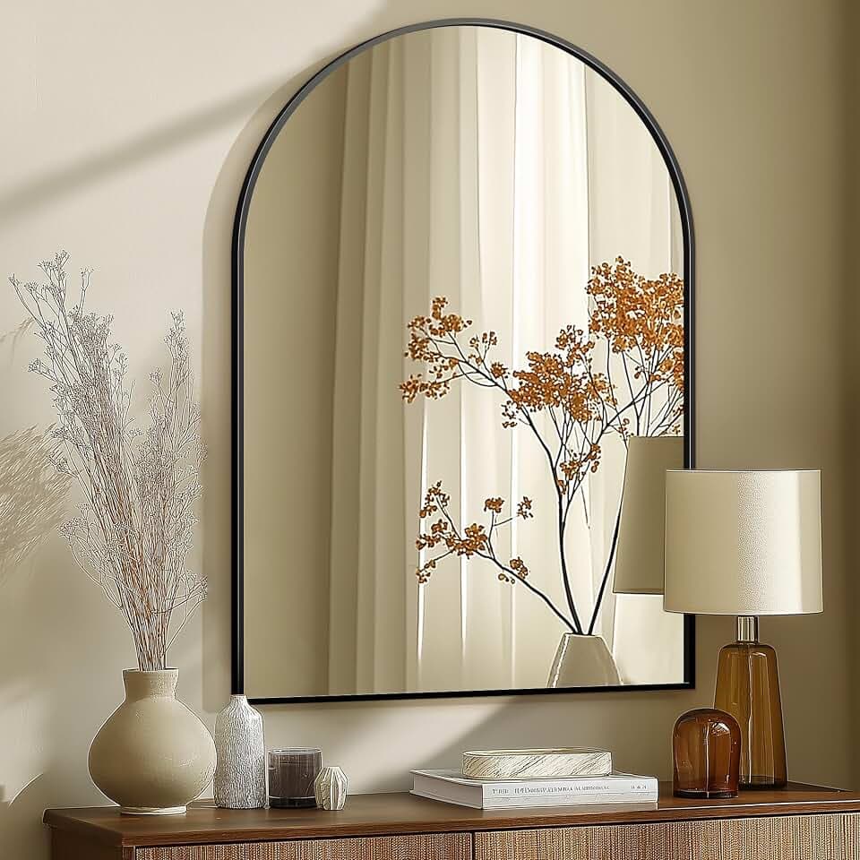 Arched Bathroom Mirror for Wall, 40" x 28" Metal Frame Vanity Mirror, Black