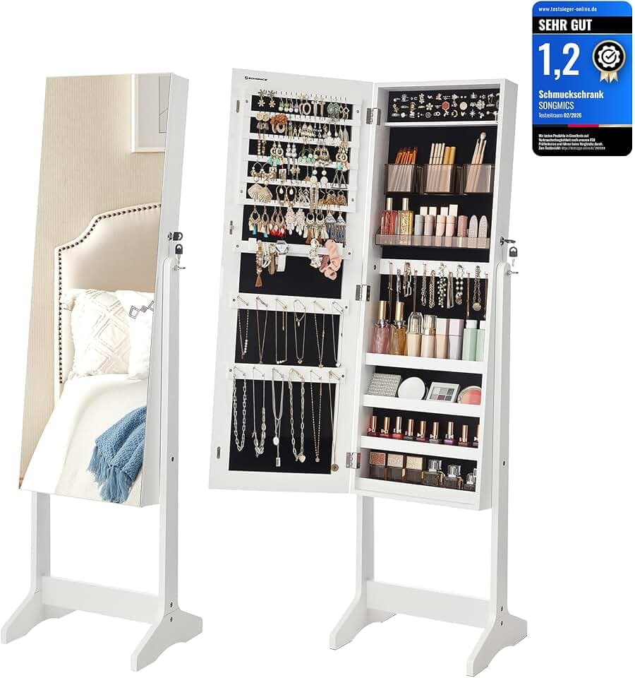 SONGMICS Schmuckschrank, Standspiegel, Spiegelschrank, 41,1x36,5x148,6 cm | Schmuckaufbewahrung aus MDF, für Ketten, Ohrringe, Armbänder, Tintenschwarz und Weiß, BERIT Kollektion JJC002W01