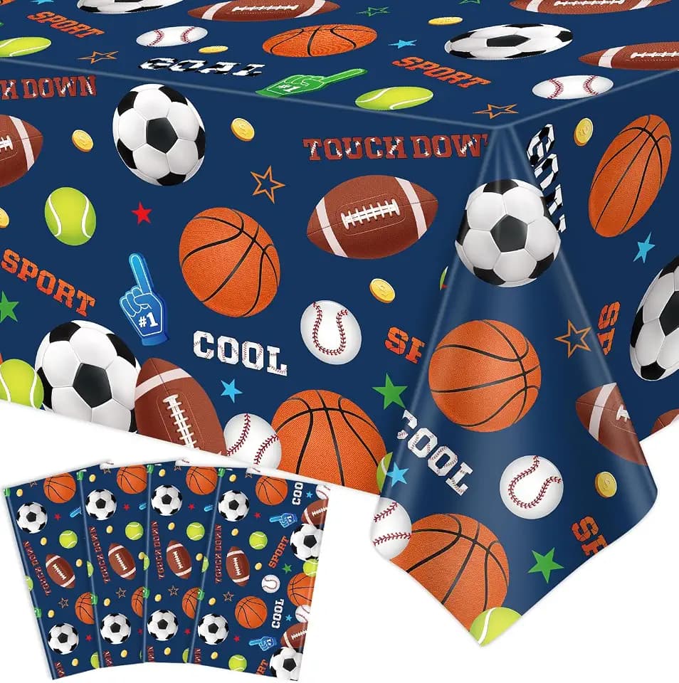 4 Pack Sports Party Decorations Sport Tablecloth Sport Theme Birthday Table Cloth Soccer Basketball Football Baseball Table Covers for Boys All Star Sports Themed Party Supplies 51 x 86 in
