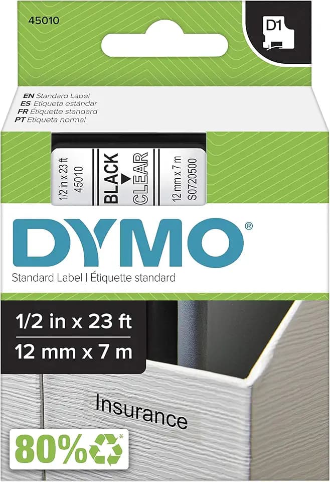DYMO Authentic D1 Label l DYMO Labels for LabelManager COLORPOP and LabelWriter Duo Label Makers Great for Organization Indoor or Outdoor Use ½” (12mm) Black Print on Clear Tape Water Resistant
