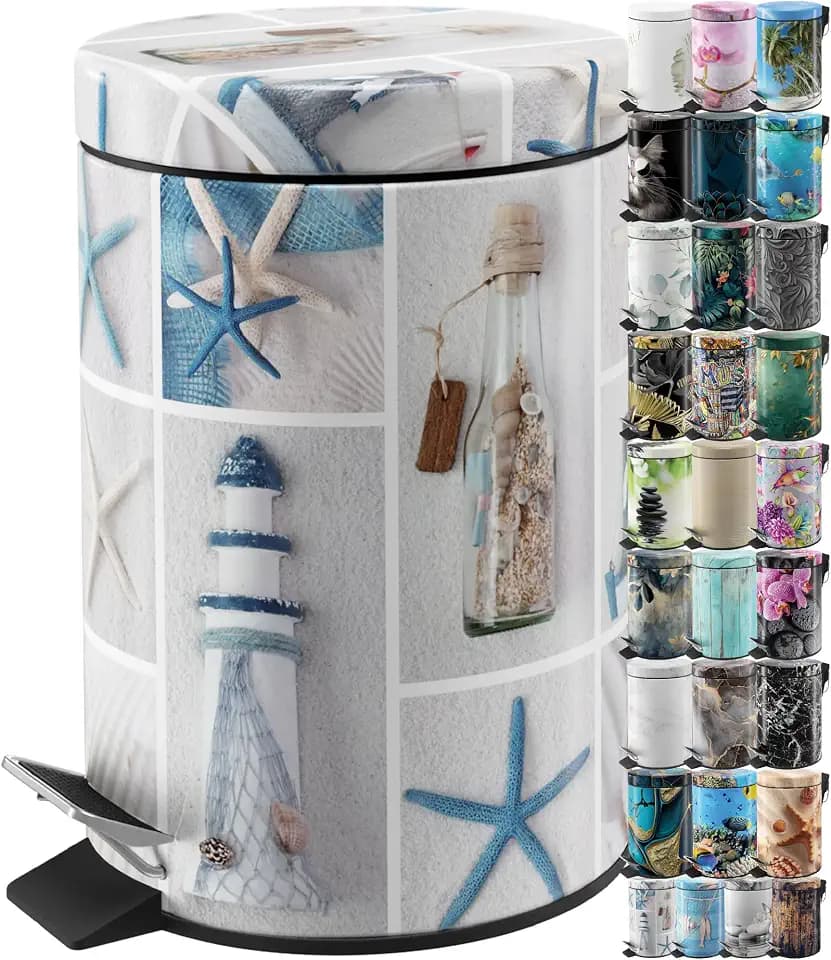 Sanilo Small Bathroom Trash Can with Lid [1.3 Gallon] - Lidded Tiny Trashcan for Garbage - Mini Metal Bin with Soft Closing Mechanism - Bath Room Accessoire Wastebin with Inner Bucket (Sea Breeze)