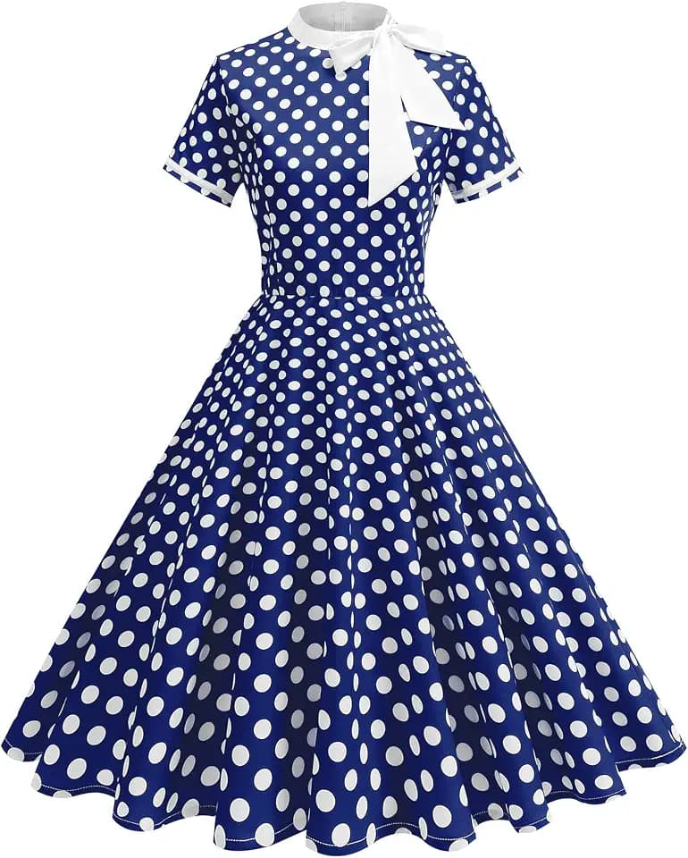 50s Style Dresses for Women Vintage Polka Dot Short Sleeve Tie Neck Swing Dress Midi Prom Retro 1950s Dress