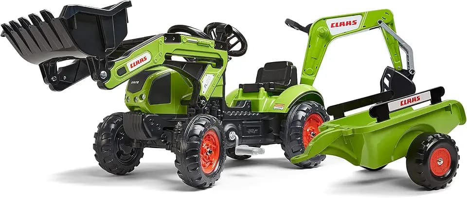 Falk Claas Kinder-Baggerlader mit beweglichem Baggerarm & Anhänger I Pedaltraktor Arion 410 Replik I mit Hupe I ab 2 Jahren I Outdoor Spielzeug für Jungen & Mädchen