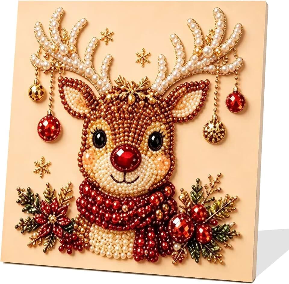 5D Christmas Deer Pearl Diamond Art Kits for Adults with Frame 10x10in