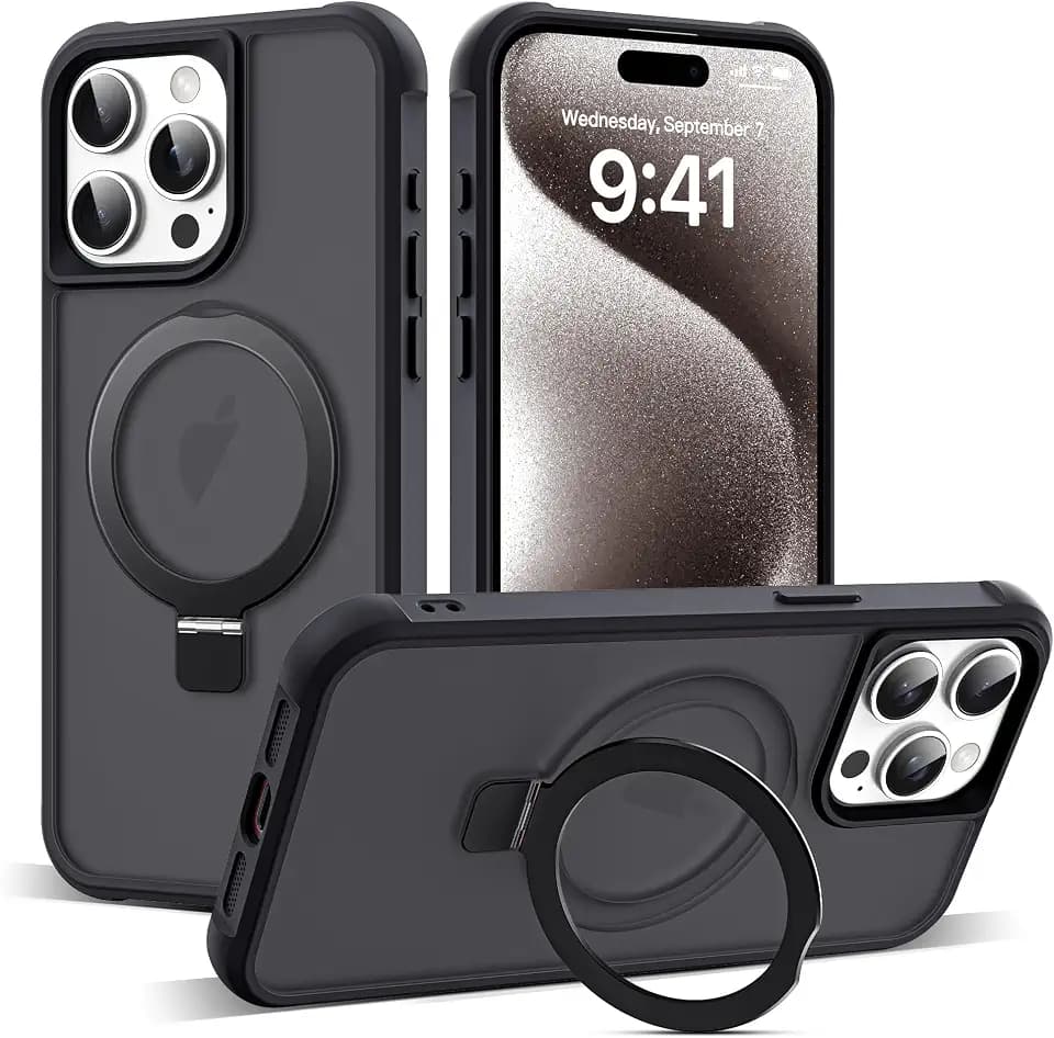 für iPhone 15 Pro Hülle [O-Ring Stand & Unsichtbarer Ständer] Magnetkraft Handyhülle iPhone 15 Pro Case All-in-One Matt Stoßfest [Militärschutz] Schutzhülle Dünn, Schwarz