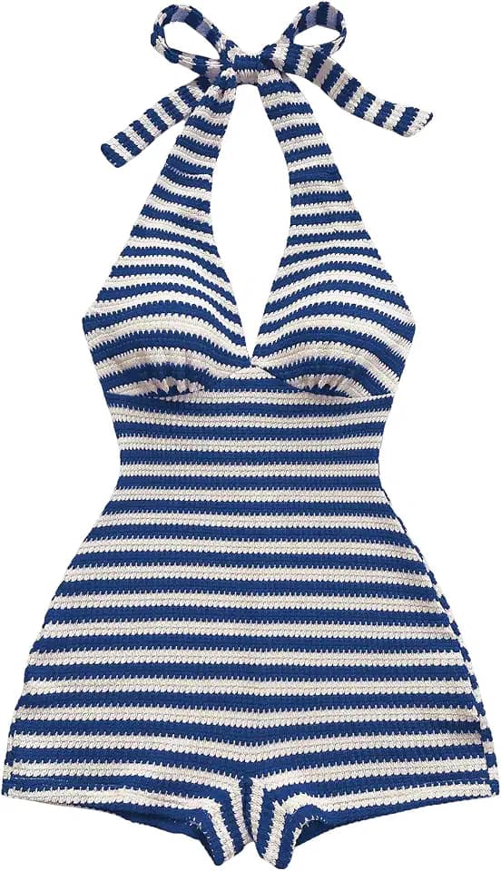 Verdusa Women's Striped Halter Rompers Backless Summer Short Romper