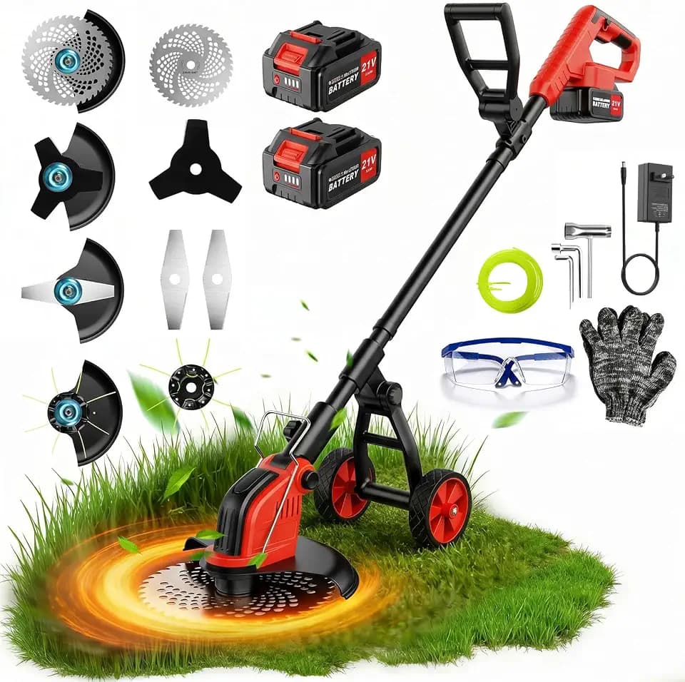 12-Zoll Akku-Rasenmäher, 20.000 U/min Akku Rasentrimmer mit 2 * 3000mAh Akku, Bürstenlosmotor, 4 Klingentypen, 4 IN 1 Rasenkantenschneider mit Rädern für Garden und Rasen