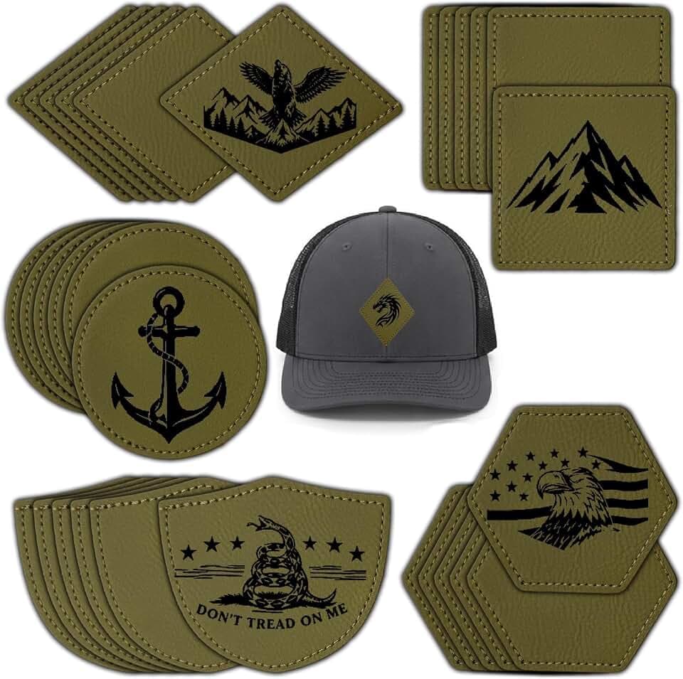 50 Pcs Olive Green/Black Blank Laser Engraving Leatherette Leather Hat Patches Iron On Heat Press Adhesive,10 Per Shape:Round 2.25",Square 2.25",Diamond 2.8"x2.25",Shield 2.7"x2.25",Hexagon 2.5"x2.25"