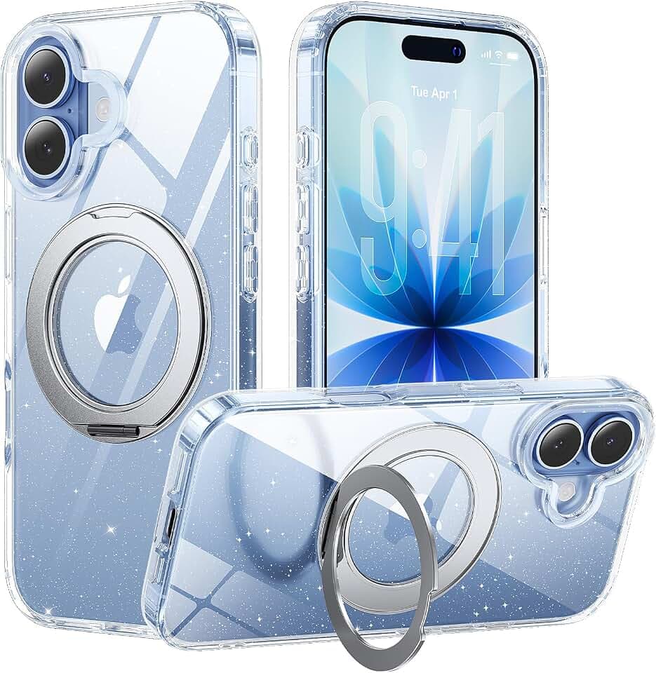 360°Ring Stand for iPhone 17 Case，Anti-Yellowing，Clear Glitter