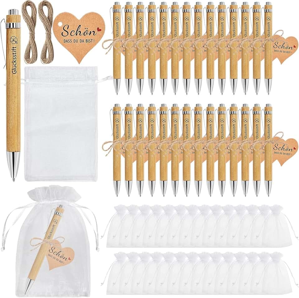 TZEKING 30 Sets Glücksstift Kugelschreiber Holz, Gastgeschenke Hochzeit Holz mit Karte Organza-Beutel, Abschiedsgeschenk für Kollegen Erzieherin Lehrer, Dankeschön Geschenke Kommunion Taufe Geburtstag