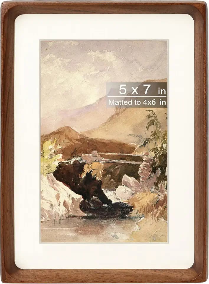 5x7 Picture Frame with Mat for 4x6, Natural Walnut Wood Handcrafted Rounded Corner with Real Glass, Vertical or Horizontal Display Photo Gallery Wall & Tabletop Frame