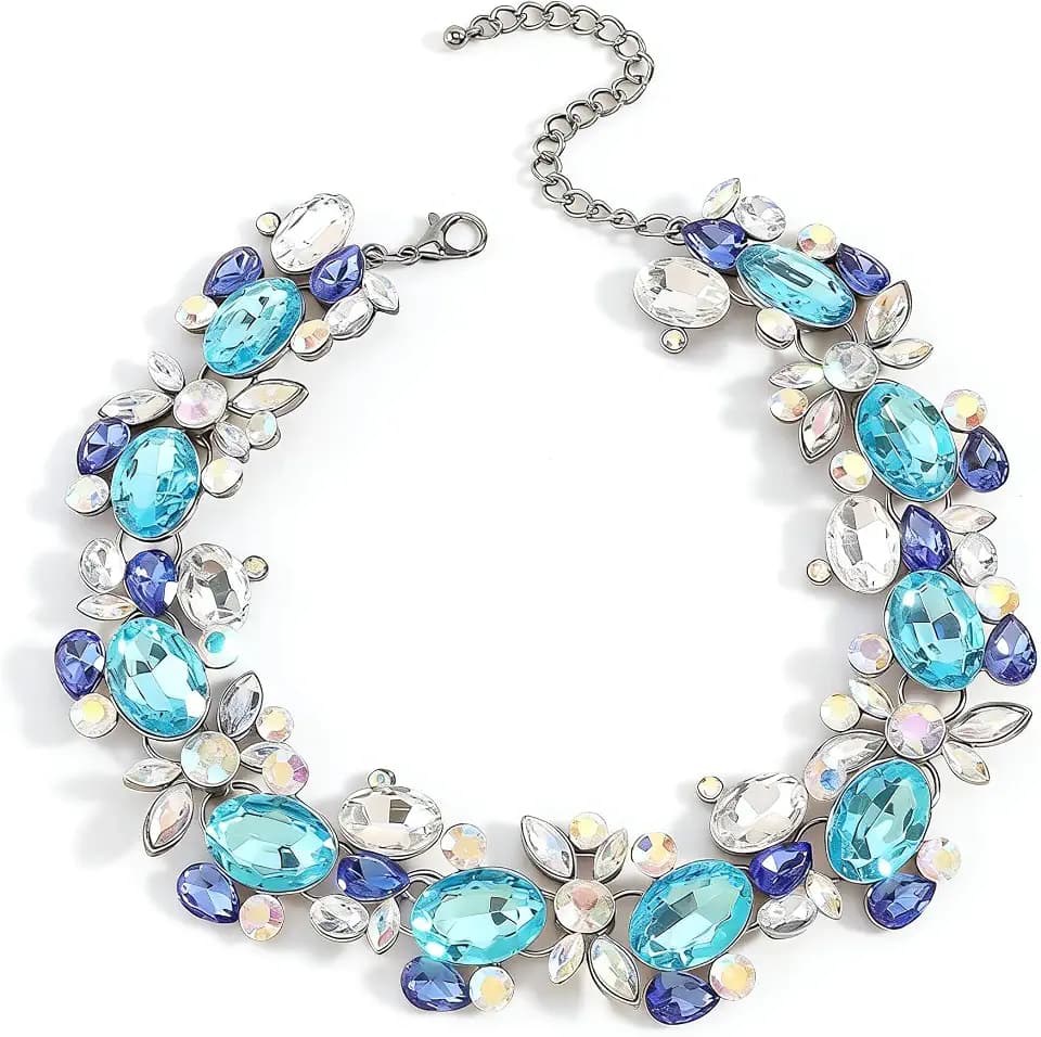 Jumwrit Colorful Rhinestone Choker Necklace Statement Chunky Chain Necklace Sparkle Prom Party Necklace Jewelry for Women (Blue)