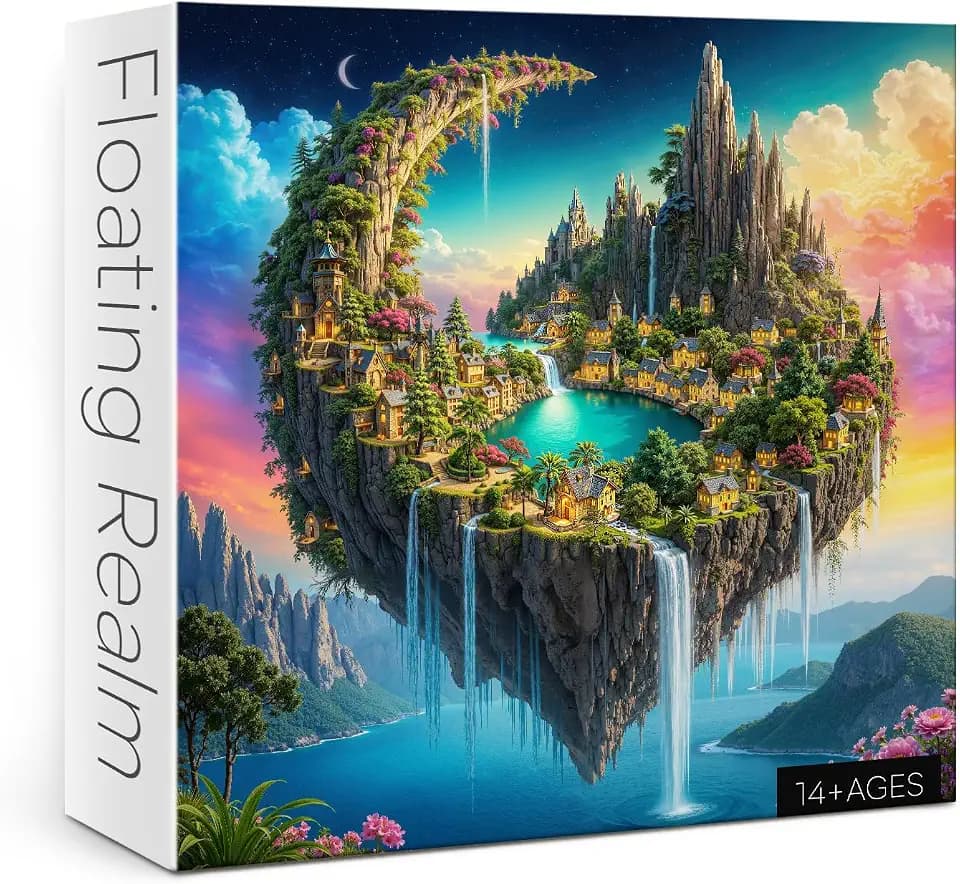 Fantasy Moon Island Puzzles for Adults 1000 Piece, Village Waterfall Mountain Scenic Jigsaw Puzzle, Challenging Magical Rainbow Sky Puzzle