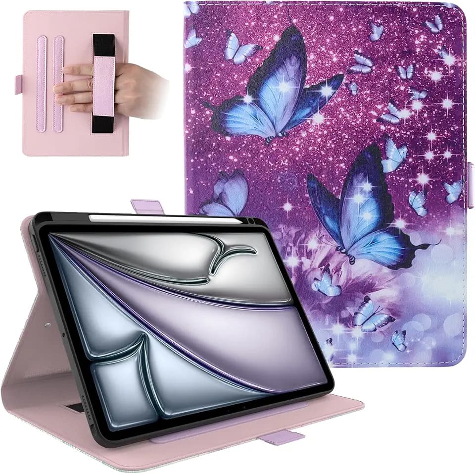 Dteck for iPad Air 13-inch Case 2024,iPad Case 12.9" Pro 6th/5th/4th/3rd Gen 2022/2021/2020/2018,Premium PU Leather Folio Stand Cover Pencil Holder Auto Wake/Sleep Protective Cases,Purple Butterfly