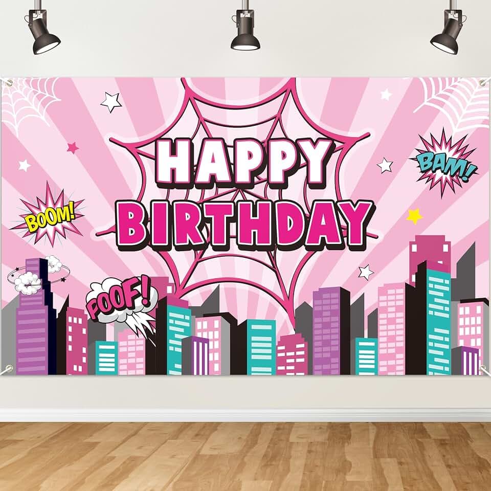 Pink Spider Birthday Backdrop - 70.9 x 43.3 Inch Photo Booth Props for Birthday Party Decorations Happy Birthday Backdrop Pink Spider Photo Backdrops Celebration Party Decorations